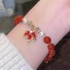 Retro Red Crystal Beaded Bracelet for Women Light Luxury Rhinestones Maple Leaf Pendant Bracelet Student Friendship Jewelry Gift