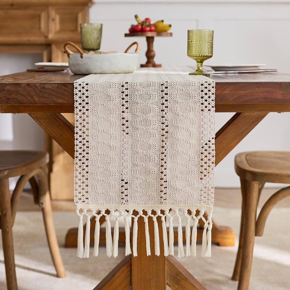 Runner da Tavola Intrecciato in Cotone con Nappe Color Crema Decorazione Tavola in Tessuto Stile Bohemien Country Farmhouse Versatile per Tavolino da Caffè Tavolo da Pranzo