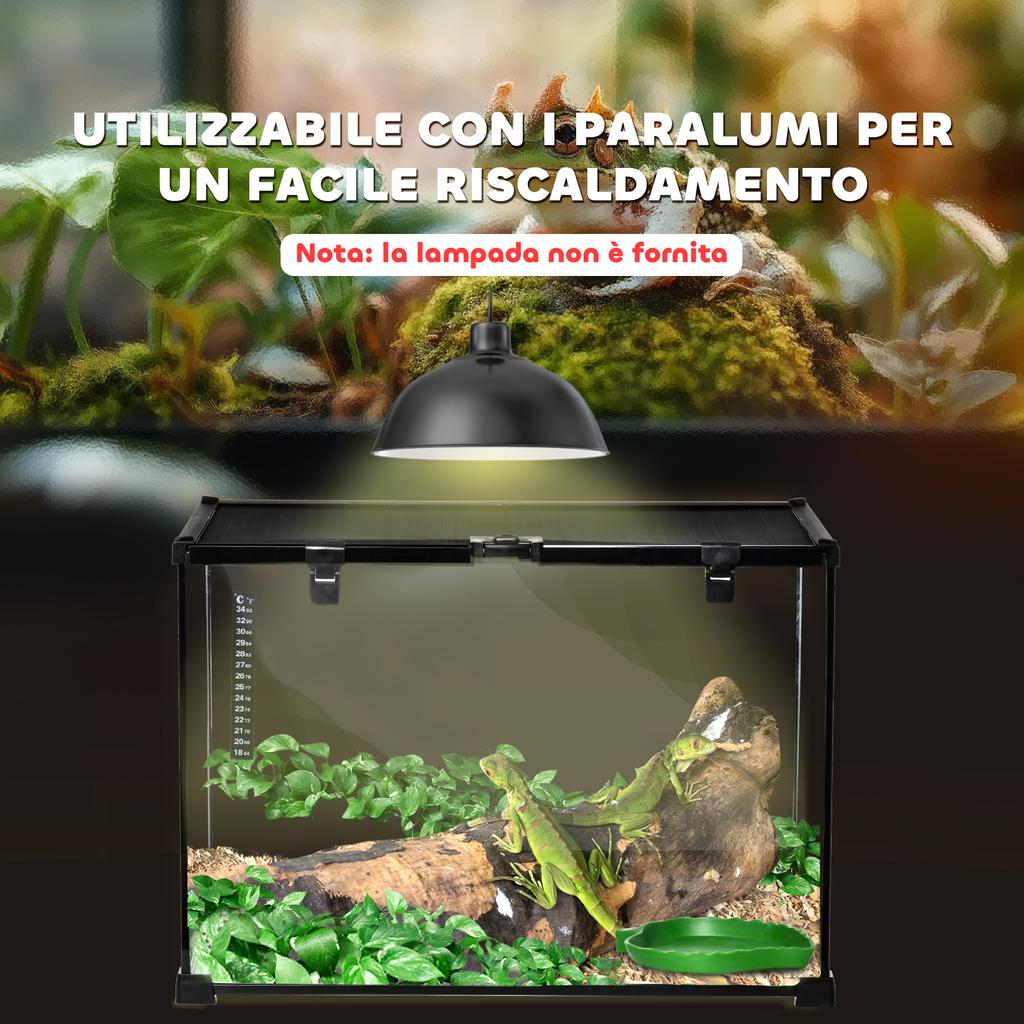 Raised Reptile Terrarium with Lock and Thermometer, Glass and Wire Mesh, 50x30x35 Cm, Black
