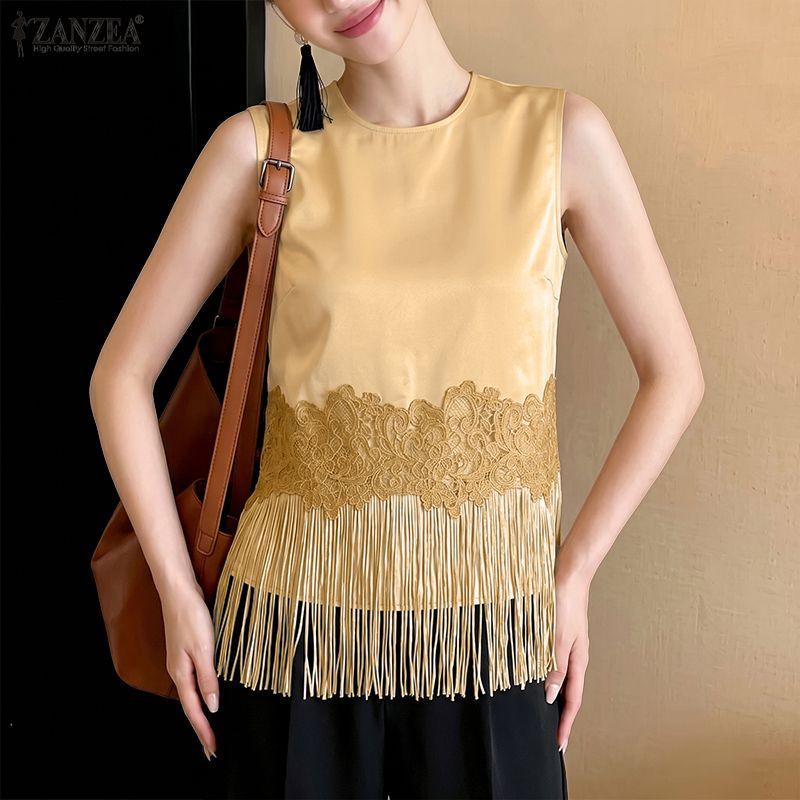 ZANZEA Women Casual Round Neck Lace Tassel Splice Loose Sleeveless Tank Tops