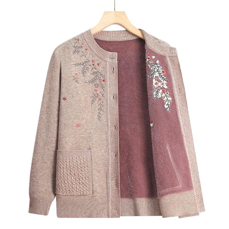 Warm Embroidered Knit Sweater for Elderly Women - Fleece-Lined Autumn/Winter Jacket for Grandmothers and Mothers