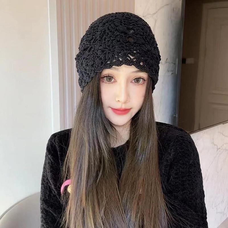 Women'S Solid Color Crochet Hollow Knitted Hat Summer  Vintage Beanie