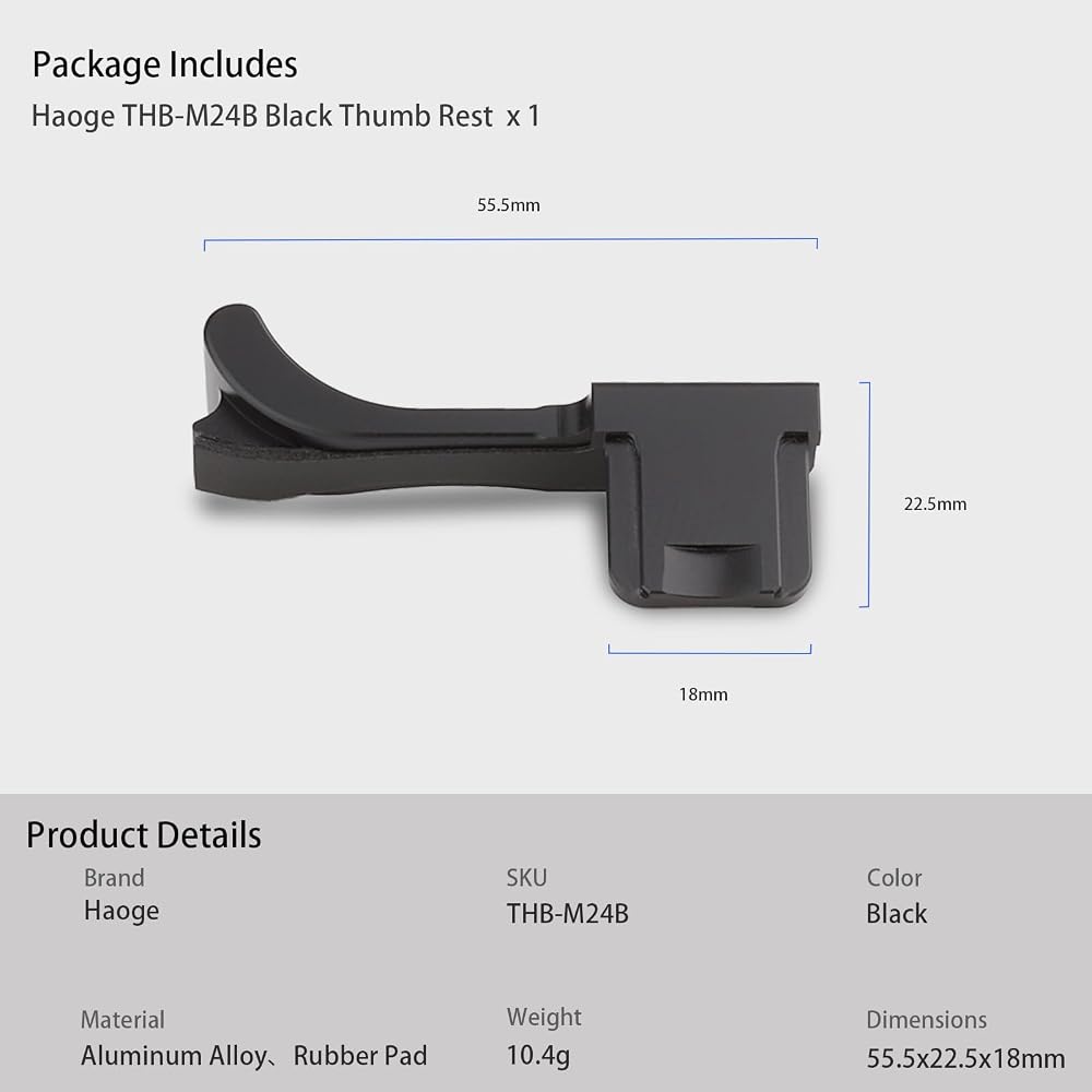 Haoge THB-M24B Thumb Rest, Black, Compatible with various camera models including Leica M Typ240, M-P Typ 240, M240P, M Typ262, and M-D Typ 262.