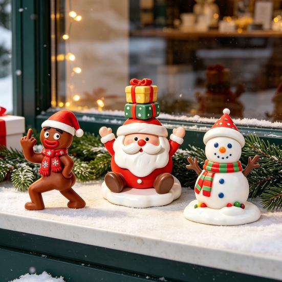 Vivid Christmas Collectibles for Display Resin Figurine, Cute Clay Style Santa Snowman Gingerbread Man Festive Home Accents Coffee Tables Statue,