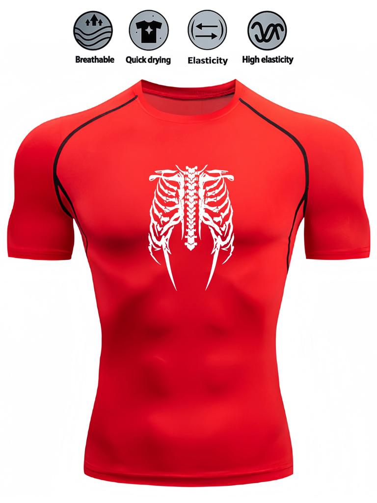 Men's Compression Shirt Quick Dry Gray Gym T-Shirt White Skeleton Rib Cage Print Workout Sportswear