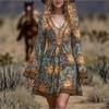Women's Retro V-neck Print Long Sleeve Dress Bohemian A-line Swing Dress for Women