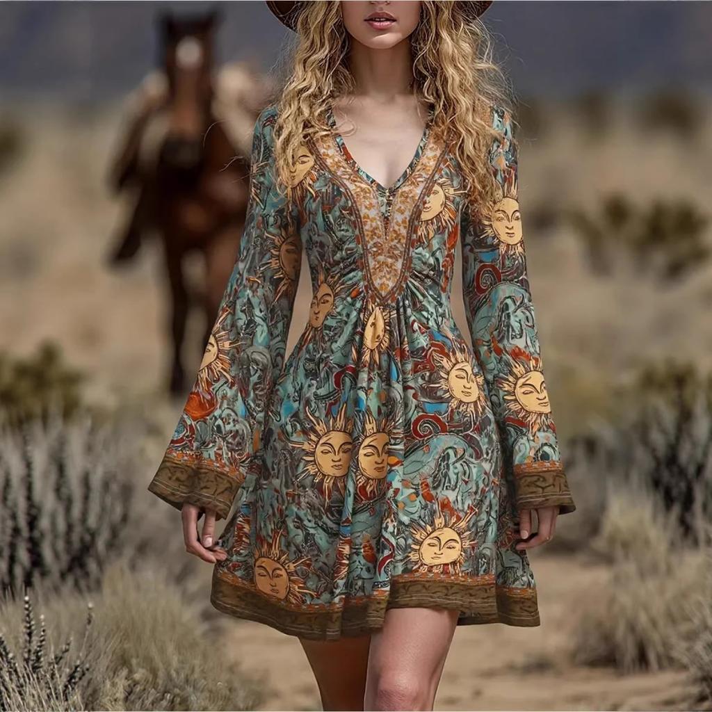 Women's Retro V-neck Print Long Sleeve Dress Bohemian A-line Swing Dress for Women