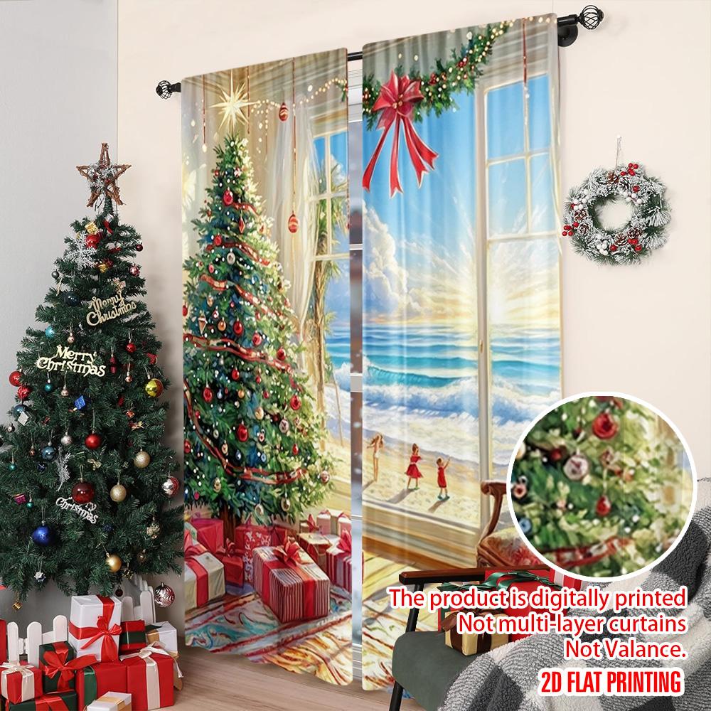2pcs 2D flat printing Merry Christmas Curtain Christmas Tree Beach Durable 100% Polyester Fabric Without Electricity Family