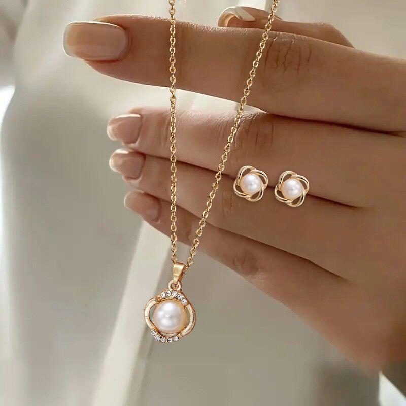 3 Pcs/Set Round Pearl Pendant Necklace For Women Exquisite Fashion Rhinestone Double  Earring Wedding Jewelry Set Gift
