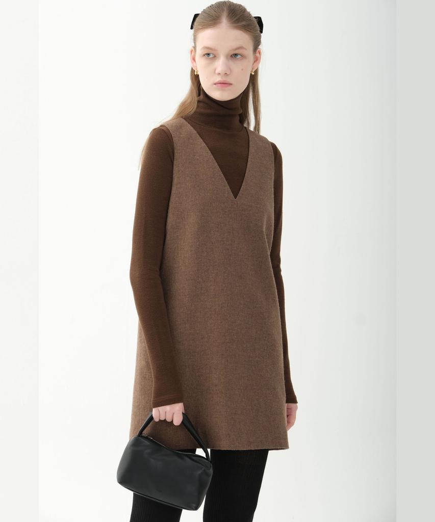 JUN BY JUN K Wool Blend V-Neck Mini Dress_Brown