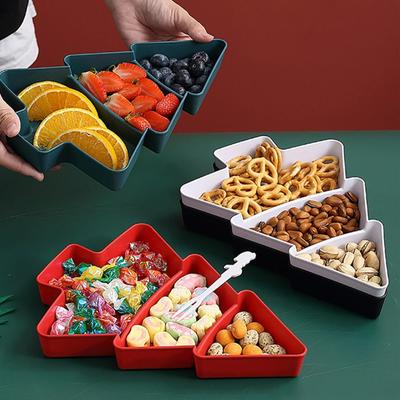 Assiette à snacks de Noël 3 compartiments Forme d'arbre de Noël Grande capacité Boîte à bonbons en plastique Fourniture pour la maison Support de téléphone en plastique Maison