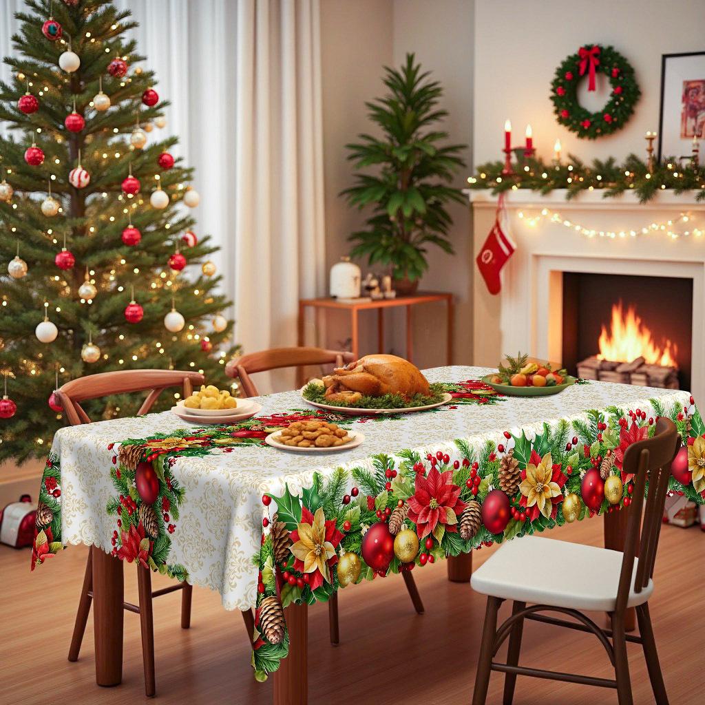Christmas Table Round Tablecloth, Flower And Bird Pattern Waterproof Tablecloth, Holiday Table Arrangement Coffee Table Decorative Cloth