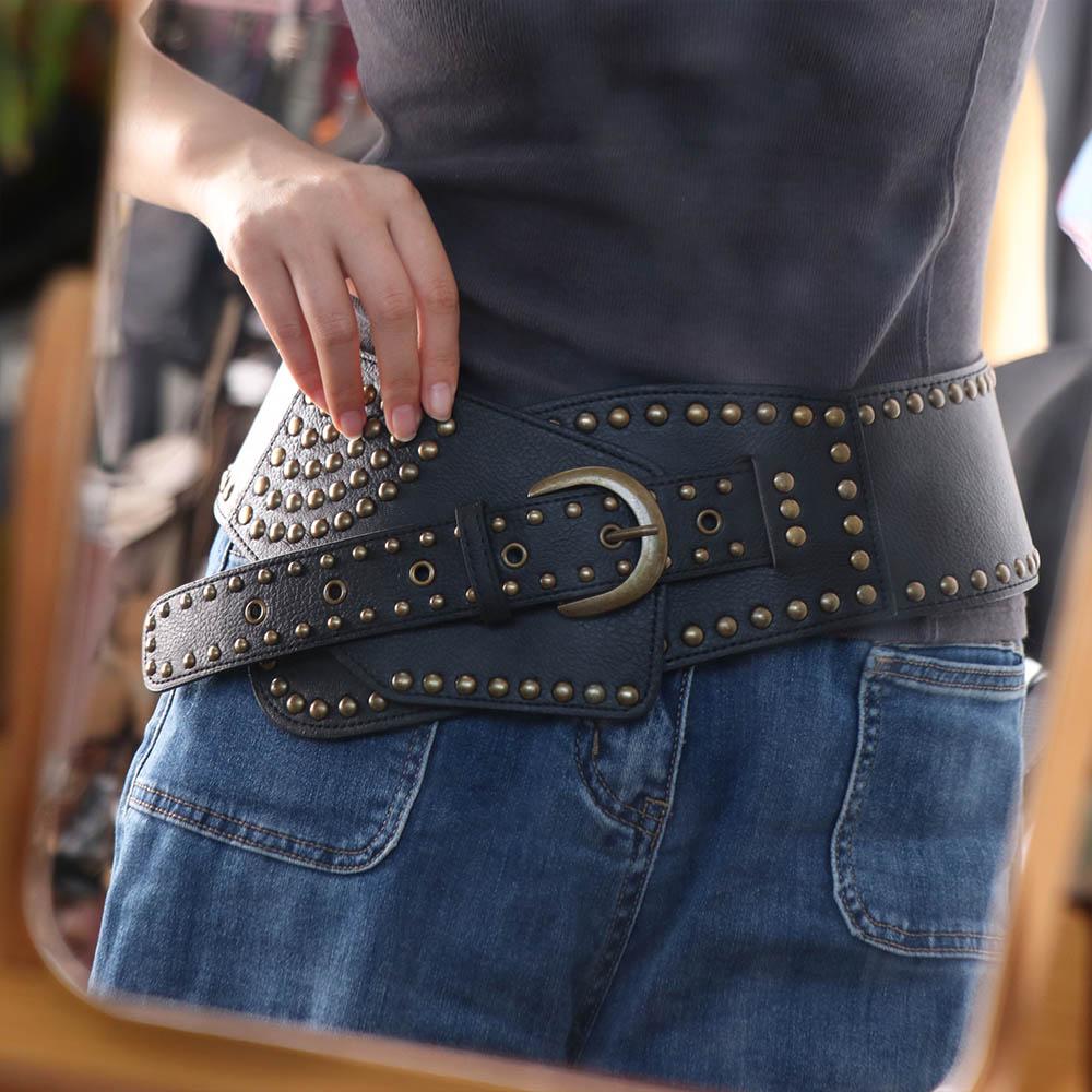 Adjustable Metal Rivet Belt PU Leather Waist Corset Fashion Wide Cummerbunds  Dress