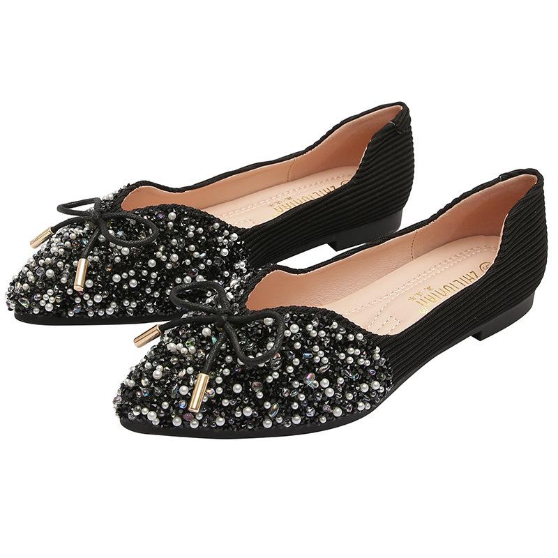Single Shoes Women's Summer New Versatile Pointed Laden Shoes Flat Sequins Bridesmaid Shoes Fat Feet Large Size Women's Shoes