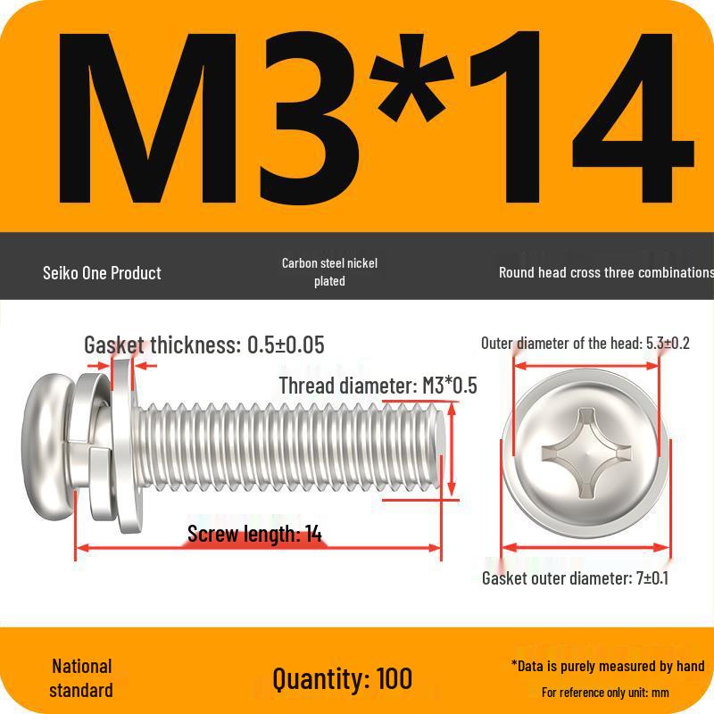 Nickel-Plated Phillips Pan Head Screw with Washer, M2-M6 Thread