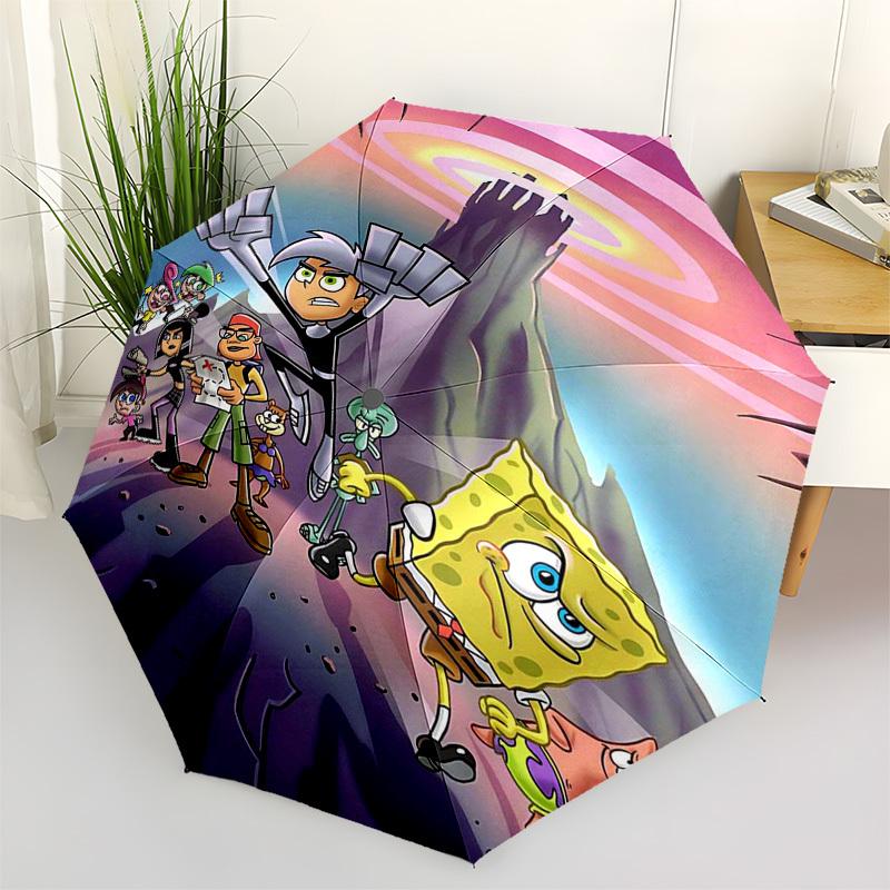 

1pc SpongeBob SquarePants & The Fairly OddParents Outdoor Umbrella - Automatic Opening/Closing, Portable 3-Fold Design with 8-Bone Iron Frame - Perfec
