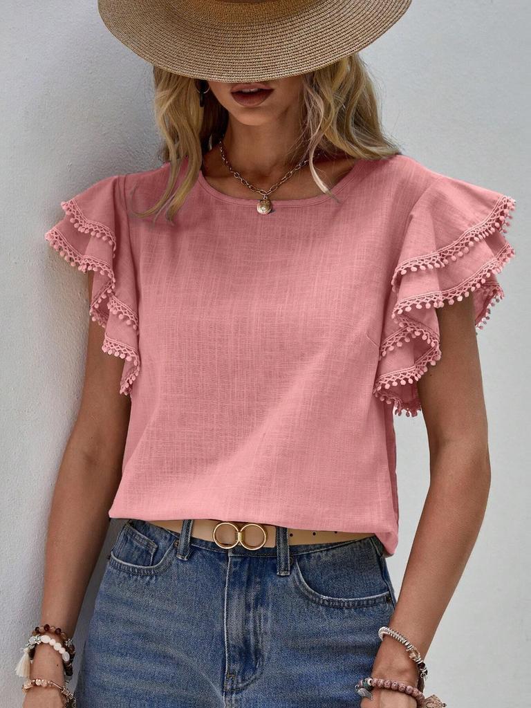 Women's Casual Round Neck Loose Summer Shirt with Ruffles Batwing Sleeves Short Sleeve Top for Women