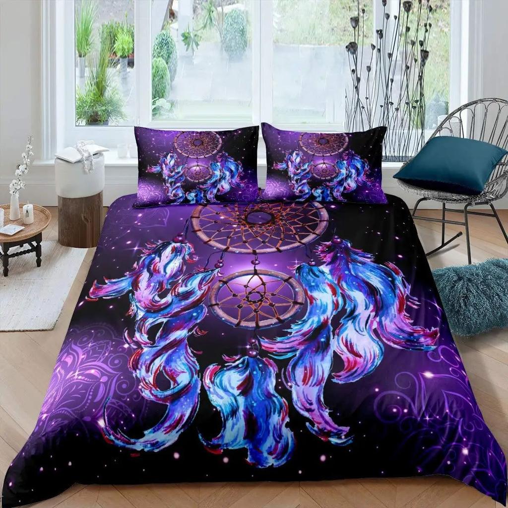 Dream Catcher Printed Duvet Set Bohemian Feather Design Bedding Set Three-Piece Set