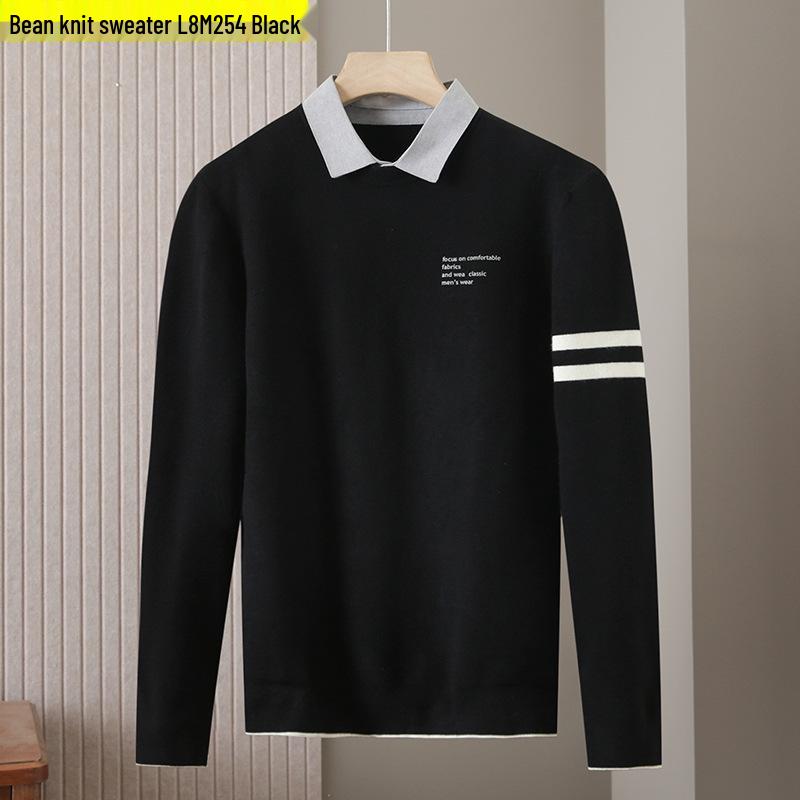 

Men s Autumn-Winter Warm Knit Sweater - Faux Two-Piece Long Sleeve Lapel Base Layer (Model L8M254) 175 (Recommended 120-135 lbs)