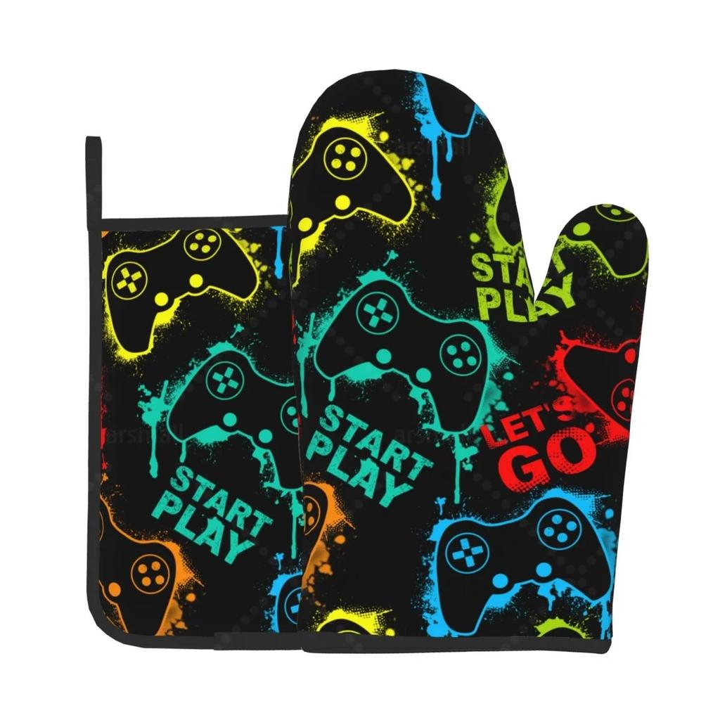 Colorful Joystick Game Heat Resistant Oven Mitts and Pot Holders Sets Oven Gloves for BBQ Cooking Baking Grilling