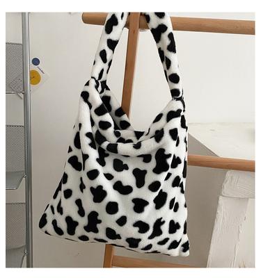 Bolsa de baguete com estampa de vaca, bolsa de ombro única feminina, bolsa de pelúcia