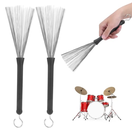 VGEBY 1 Pair of Retractable Drum Wire Brushes with Drumsticks, Soft Tone, Stainless Steel Wire, for Jazz, Folk, and Rock Bands