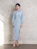 2025 Autumn Blue Velvet Qipao with Lace Edging & Large Sleeves - Young Style