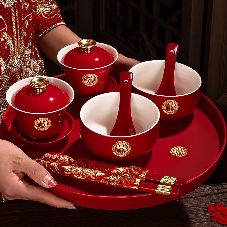 Festive Red Wedding Tea Set: Lidded Bowls, Tea Cups, and Chopsticks