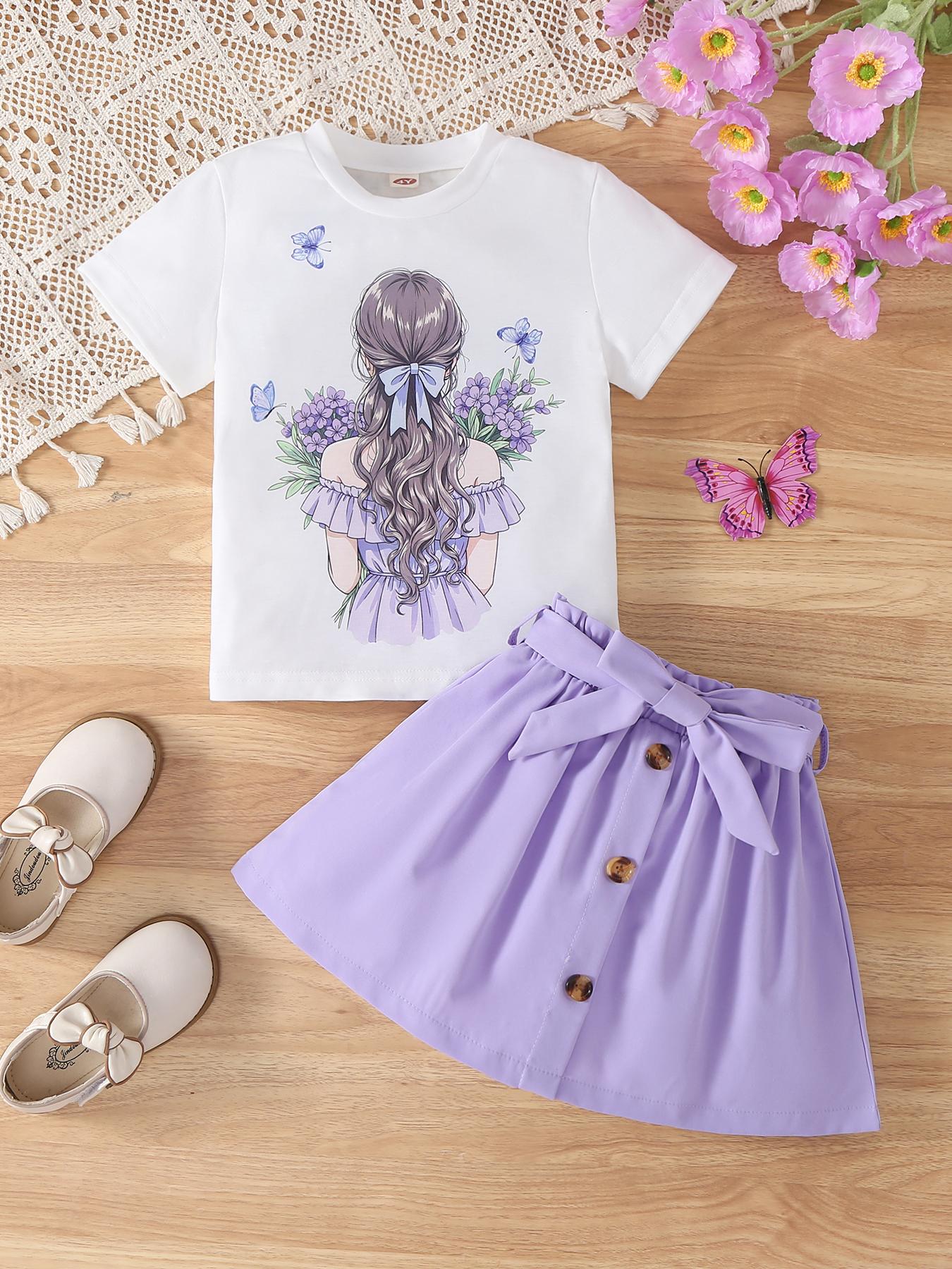 Girls  2-Piece Summer Outfit, Cartoon Print Short Sleeve T-Shirt + Purple Bow Skirt, Toddler Casual Set 4Y