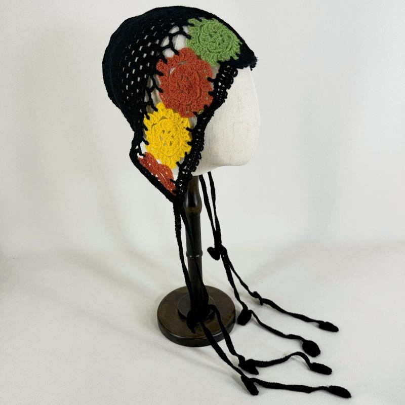 

Bohemian Handmade Crochet Knitted Cap For Women Ethnic Style Hollow Flower Tassel Hat Fashionable Versatile Headdress Accessory чёрный