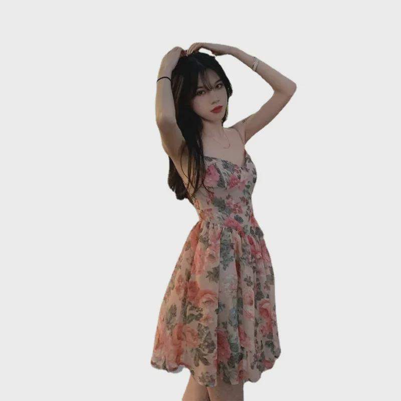 High-Waisted Floral Suspender A-Line Dress - French Spring/Summer Style.