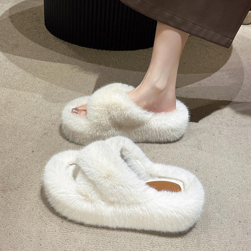 Large Size 7cm Thick-bottomed Crossed Fluffy Slippers 2025 Autumn and Winter New Korean Version Fashion Warm Plush Cotton Slippers Women