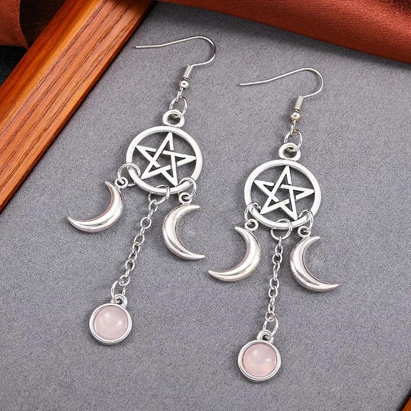 New Gothic Pentagram Crescent Purple Crystal Earrings For Women Fashion Multicolour Moonstone Jewelry Party Accessories Gifts