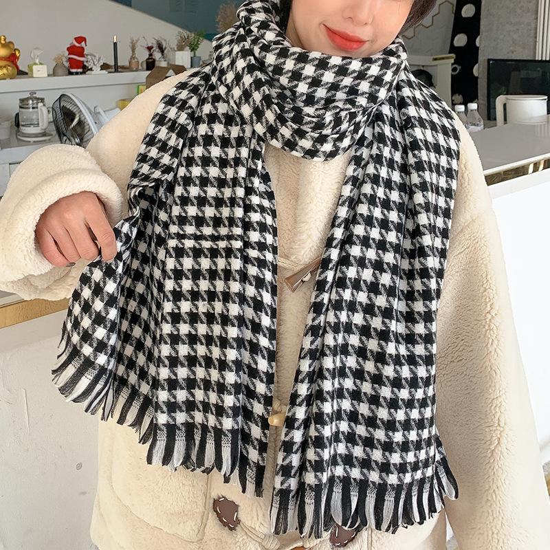 Versatile Houndstooth Check Cashmere Scarf Winter New Cute Girl Student Scarf Couple Korean Version Pink