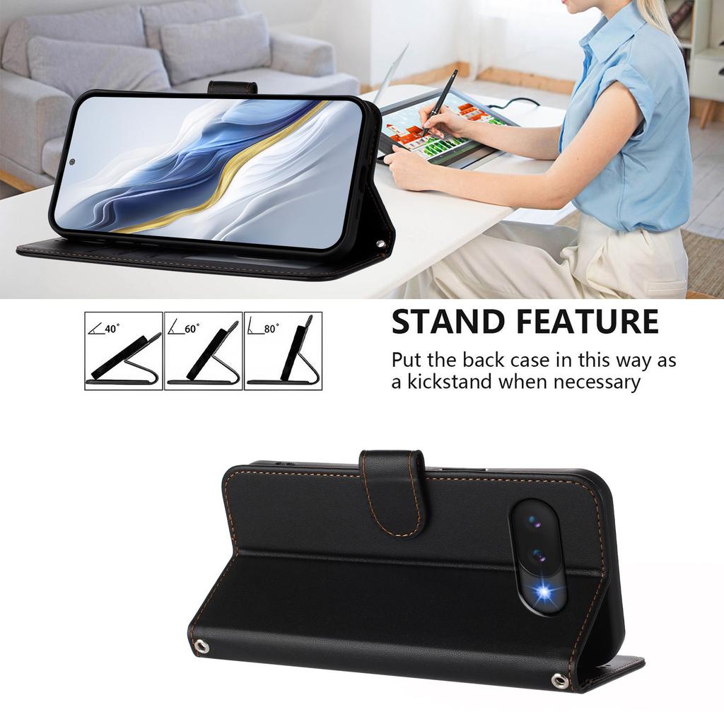 For Google Pixel 9a Leather Case Wallet Stand Phone Cover with Wrist Strap