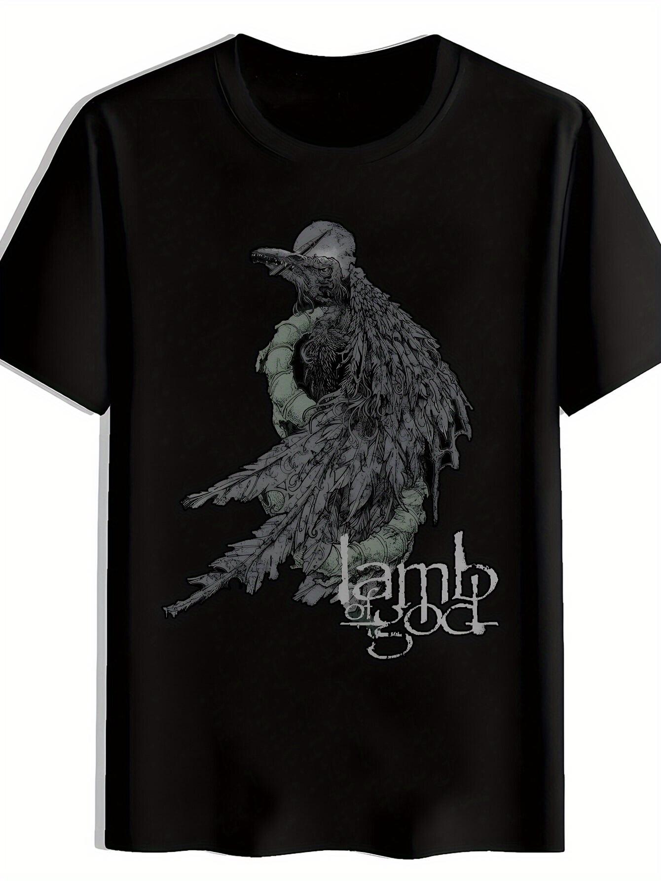 

Black T-shirt with Intricate Eagle & Floral Design - Lamb of God Text XXXL
