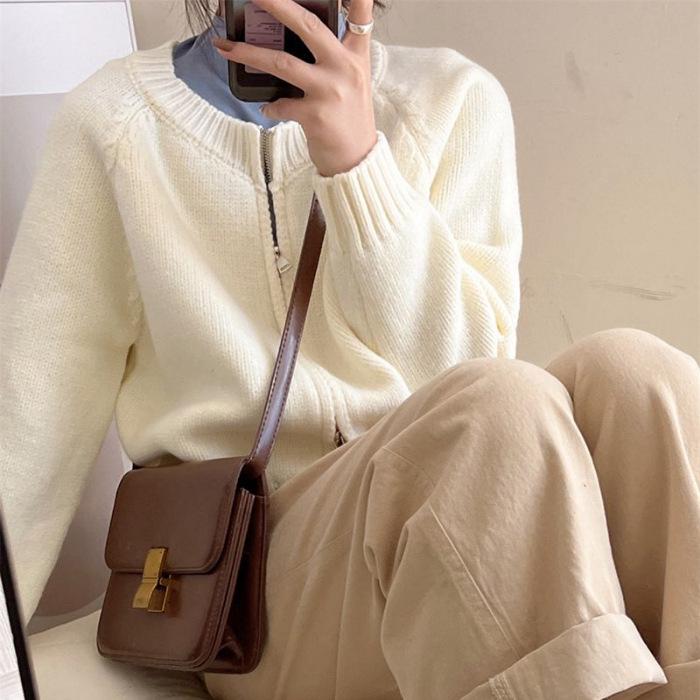 Avocado Green Double Zipper Knit Cardigan Sweater – Slimming, Versatile, Short Outerwear for Women