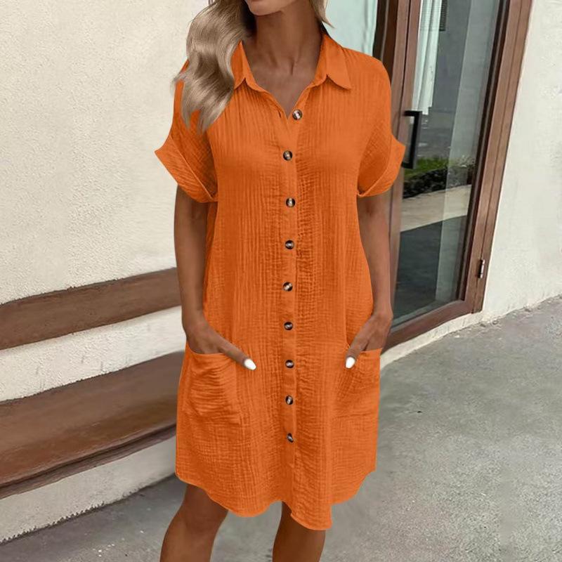 2026 Women's Mid-length Single-breasted Solid Color Short Sleeve Casual Dress