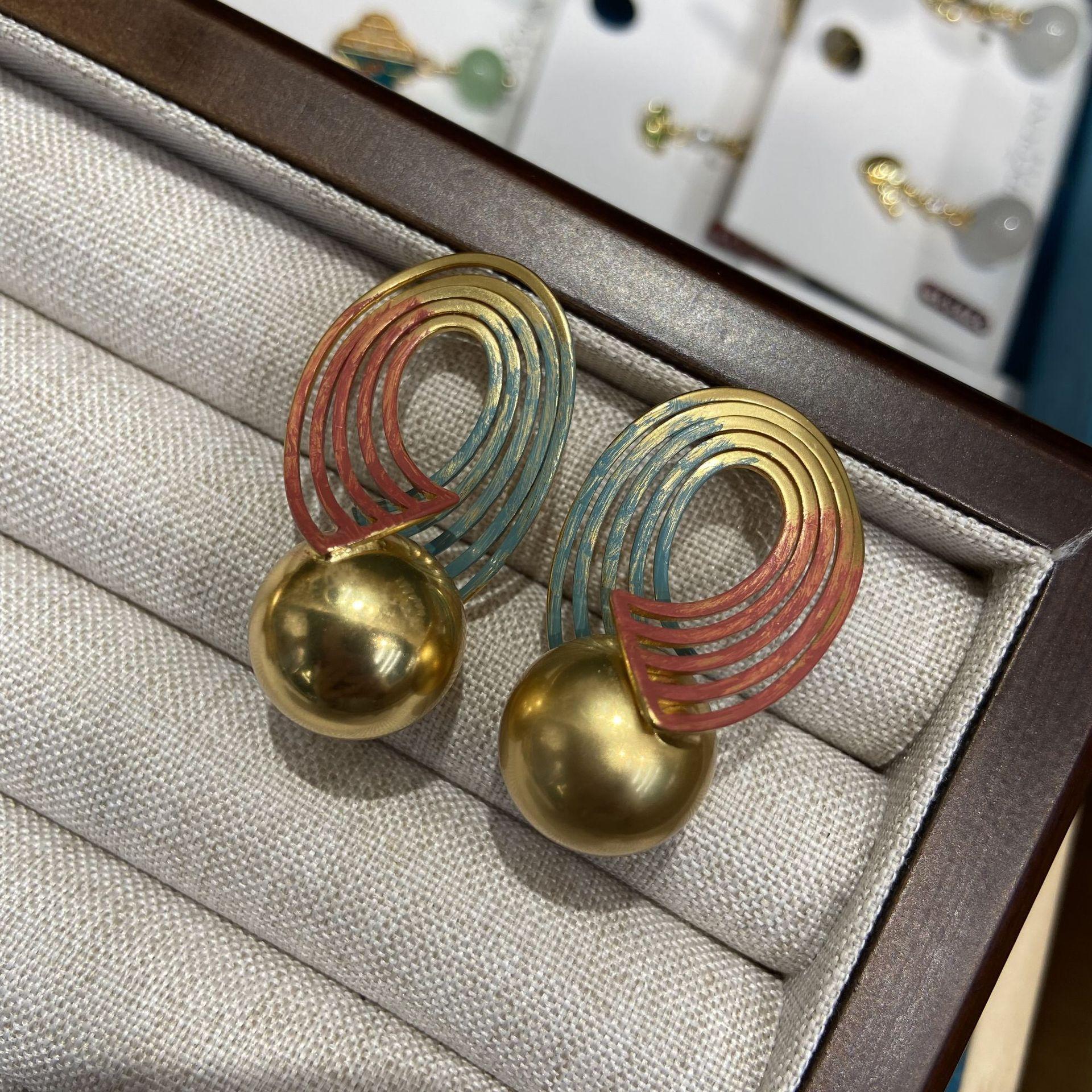 Mosquito Coil Disc Geometric Gold Ball Stud Earrings