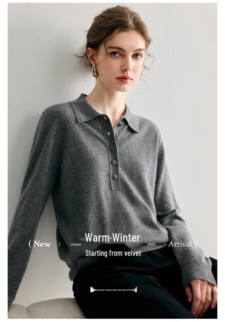 Women's 100% Pure Cashmere Polo Collar Sweater - Autumn/Winter Long Sleeve Loose Knitted Pullover