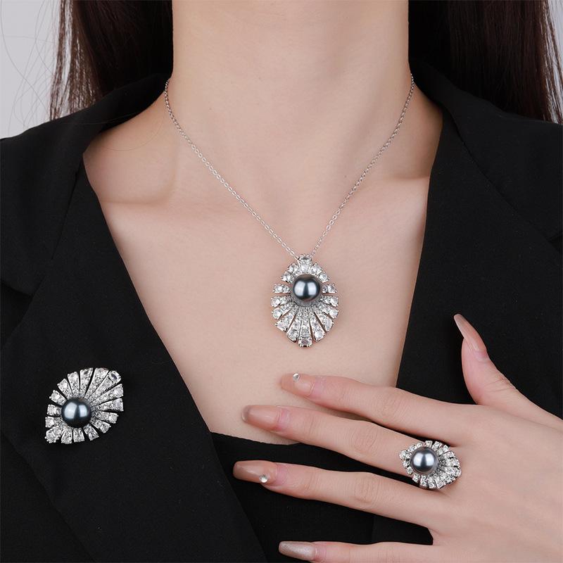 Jewelry Copper Bottom Plated Gray Pearl Simple Brooch Set 14-12Mm