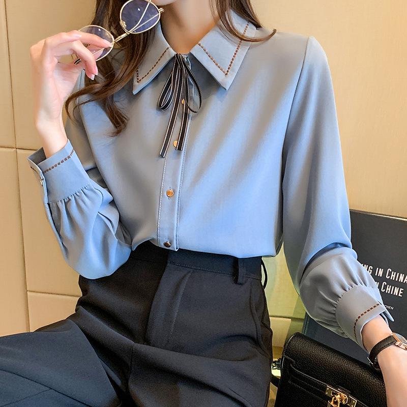 

Женская белая рубашка с длинным рукавом и галстуком-бабочкой - весна/осень 2024 г., корейский стиль M синий