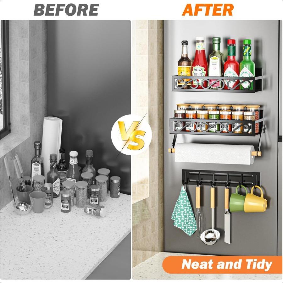 Spice Racks Magnetic for Refrigerator Magnetic Spice Shelves with Paper Holder Moveable 6 Hook Rack Magnetic Fridge Organizer S