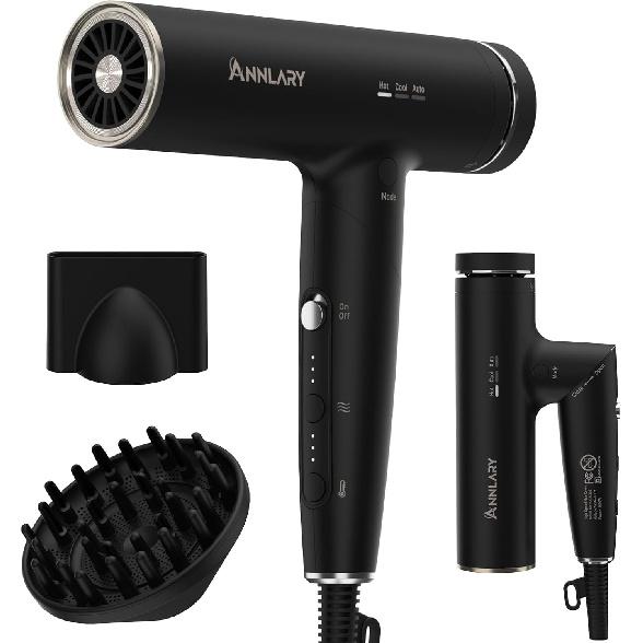 Plasma Ion Hair Dryer with Diffuser for Curly Hair, 110000 RPM Professional High Speed Blow Dryer with Plasma Ion, 1500W Foldable Travel Hairdryer