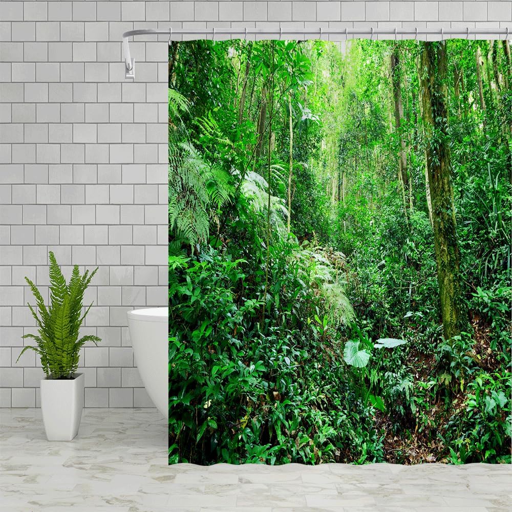 Rainforest Landscape Shower Curtains Green Leaves Plant Tree Original Forest Scenery Outdoor Nature View Bathroom Decor