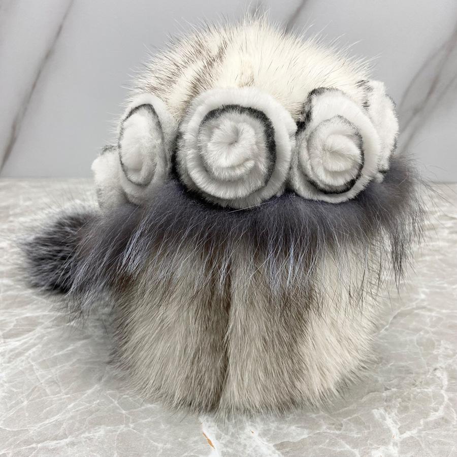 Floral Fluffy Ball Hat Genuine Mink Fur Women Winter Hat Fluffy Fox Beanies Stylish Snow Outdoor Warm Girl Fur Hats