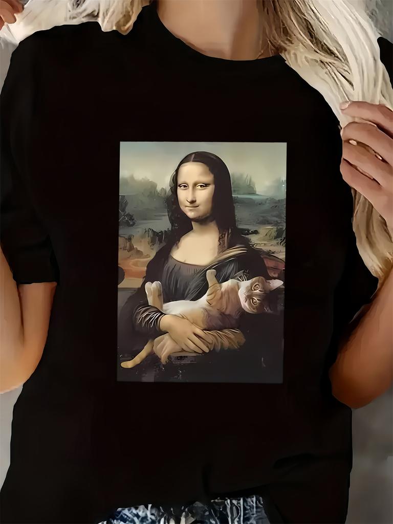 Mona Lisa Cat Print TShirt for Women Harajuku Short Sleeve Casual Womens Tshirt Clothing Street Tops Tees Aesthetic Clothes
