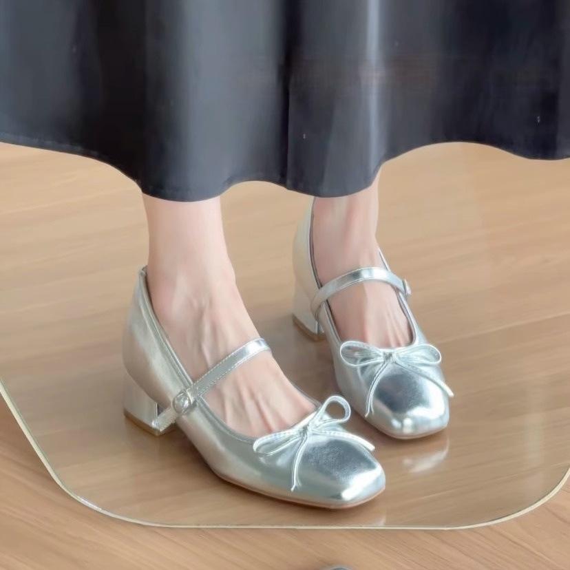 Inner Height Increase 7CM Pink Satin Bow High Heel Mary Jane Shoes Women's Thick Heel Soft Sole Versatile Ballet Single Shoes Women