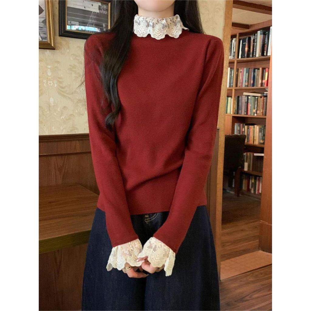 Korean Lace Patchwork High Neck Sweater - Slimming & Flattering Long Sleeve Top for Women