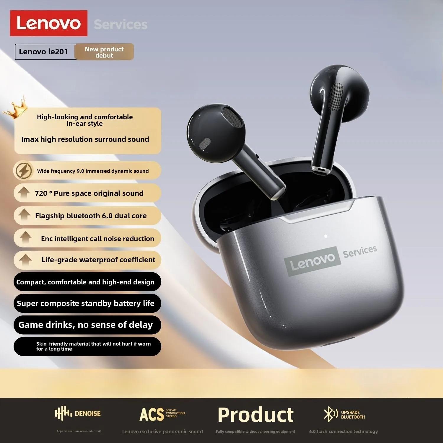 

Оригинальные беспроводные наушники Lenovo LE201 Bluetooth 6.0 Вкладыши ENC Шумоподавление при звонках Сверхнизкая задержка Объемный звук серый